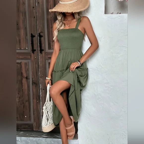 green emerald velvet dress PRETTYGARDEN Women's Tulle Midi Dress Sleeveless Smocked Ruffle Mesh F main image 1